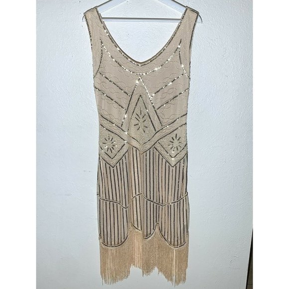 Womens Flapper Dress M Sequin Beige Beaded Sleeveless Back Zip Bottom Fringe - Picture 6 of 6